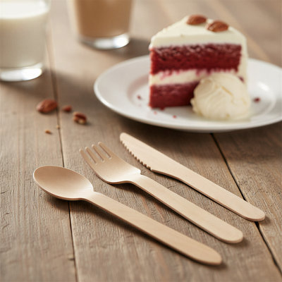 300PCS Disposable Wooden Cutlery Set (Forks, Knives & Spoons)