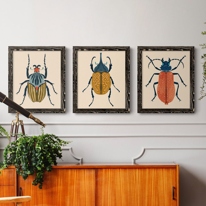 Beetle Bug I - ensemble de 3 peintures sur toile encadrées, Toile avec cadre noir, H 20 po x l 51 po x P 1,5 po