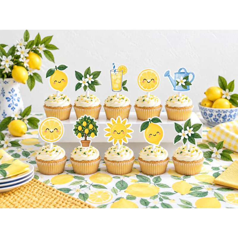 Little Lemon Grove Cupcake Toppers, Yellow Citrus Blossom Baby Shower Picks, Cardstock Party Decor