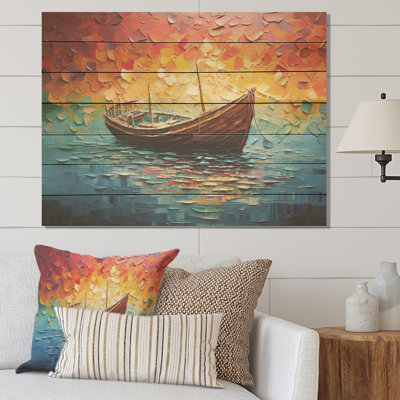 Bateau à voile orange coucher de soleil II - Bateau de pêche sur bois