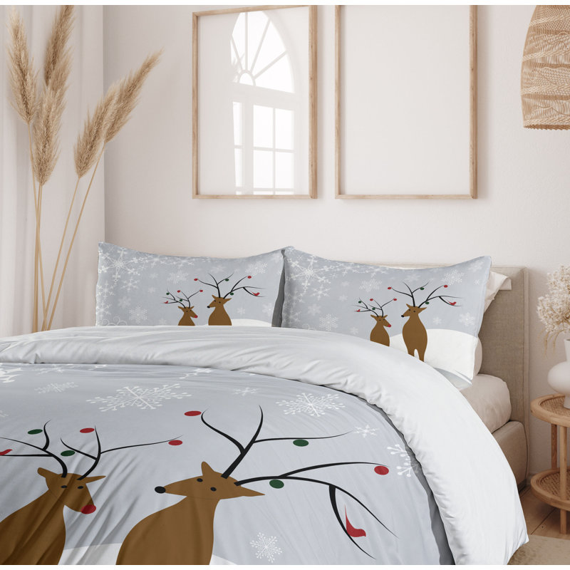 King Size Christmas Reindeer Snowflake Microfiber Duvet Cover Set
