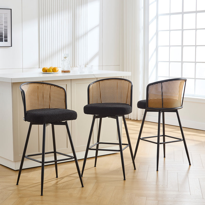 Black Metal Swivel Bar Stools with Rattan Backrest, Set of 3