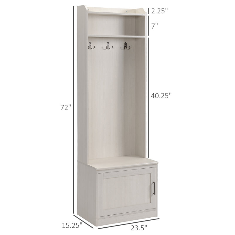 Narrow Hall Tree With Shoe Storage Bench, Rustic Entryway Bench With Coat Rack, Accent Coat Tree With Storage Shelves For Hallway, Mudroom, White Wood Grain