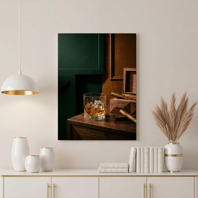 Art mural sur toile Gallery Wrap pour le salon, la chambre à coucher, le bureau ou le vestibule - Décoration murale décorative avec cigare whisky