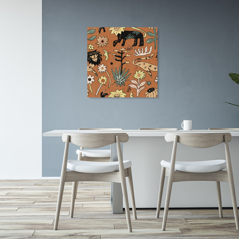 Reproduction d'art mural stylisé, désert, faune, abstrait, contemporain, oiseau, lion, nature, plante, 32" H x 32" W