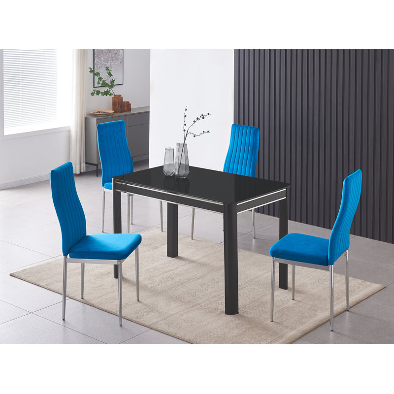 Milano Black Dining Table With 4 Monza Velvet Chairs, Blue/Silver