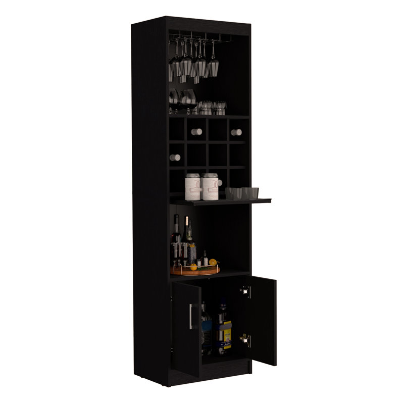 Kevil 71-Inch Tall Bar Cabinet 5-Tier Modern Bar Cabinet with Glass Holder Stemware Rack, Wine Cabinet, Liquor Cabinet, 12 Bottle Cubbies, 5 Shelves, and Pull Out Tray