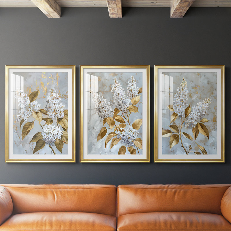 FLORAL Series CCLXII - Impression encadrée sur mesure de qualité supérieure - 3 pièces, H 15 po x l 19 po, Doré