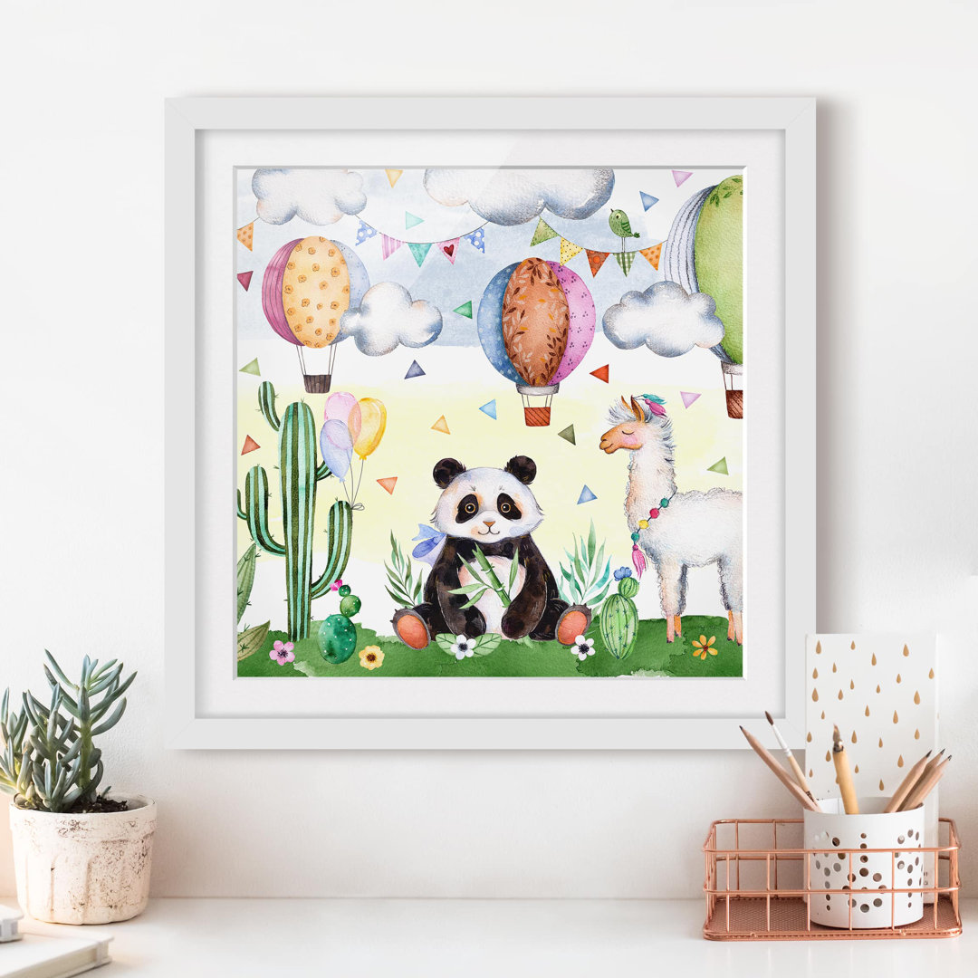 Gerahmtes Papierbild Panda und Lama Aquarell