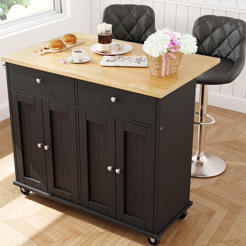 Rolling Kitchen Island Cart with Butcher Block Top, Storage Shelves and Locking Wheels, Black