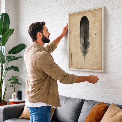 Feather on Aged Paper Japandi - Wrapped Canvas
