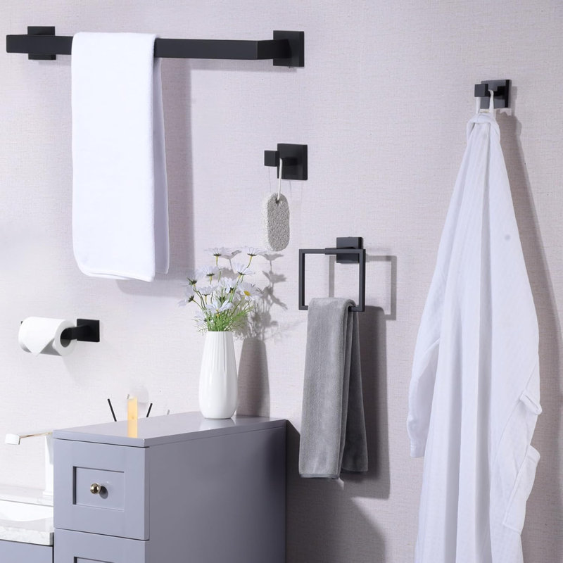 5-Piece Bathroom Hardware Set - 16-Inch Towel Bar, Towel Ring, Coat Hook, Toilet Paper Holder - Wall Mounted Matte Black Stainless Steel Bathroom Accessories Kit