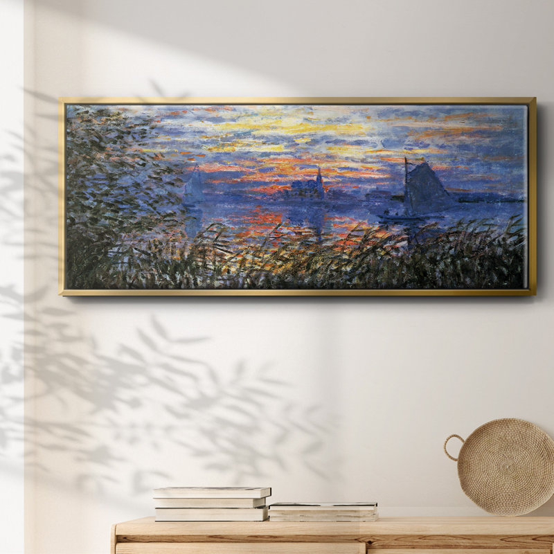 " Sunset On The Seine " by Claude Monet, Gold Floater Framed Canvas, 24" H x 60" W x 1.5" D