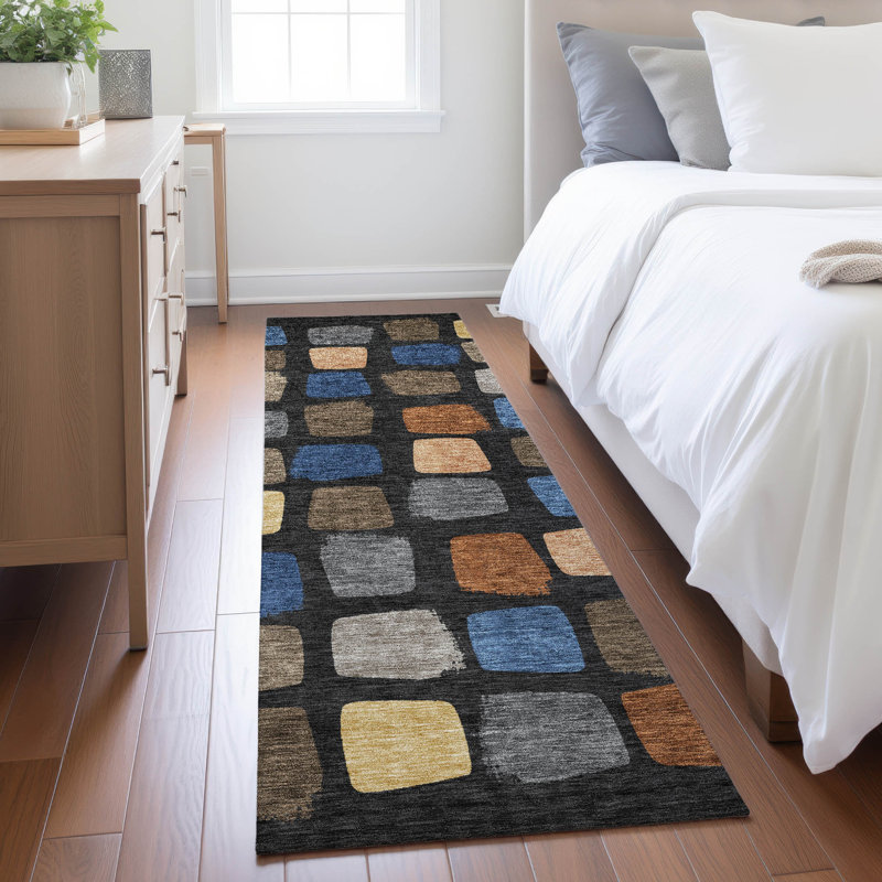 Machine Washable Indoor/Outdoor Chantille ACN2501 Squares Rug, 2'3" x 7'6" Runner, Black