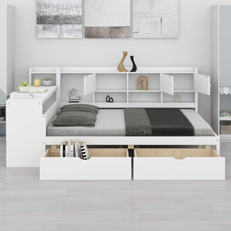 Multi-Functional L-Shaped Daybed Featuring Two Drawers, Desk and Bookshelf, White
