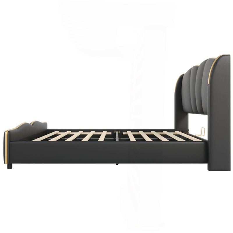 Cadre de lit tapissier grand en cuir, cadre de lit moderne avec tête de lit à oreilles, lit plateforme tapissier avec pied de lit ondulé, sans sommier, noir