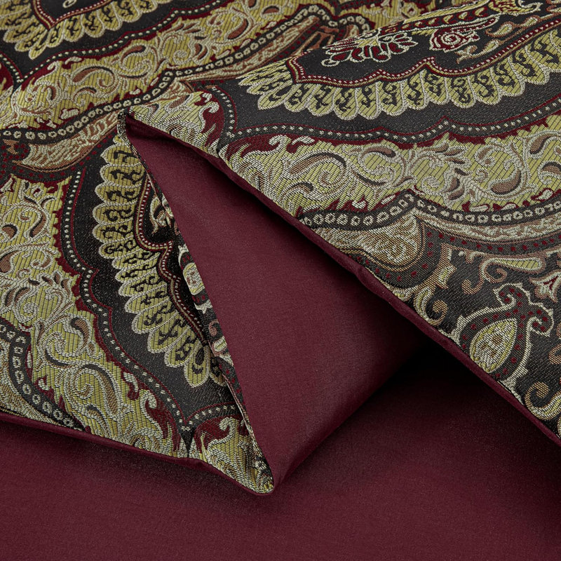 Pierre 7-Piece Medallion Paisley Jacquard Comforter Set, California King Comforter + 2 King Shams, Burgundy