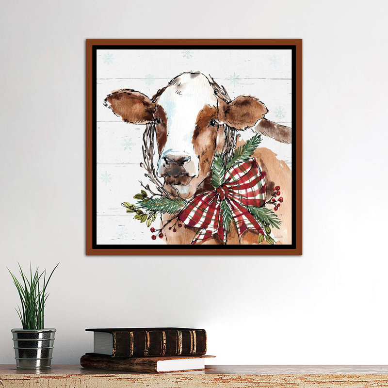 «Christmas Cow» par Anne Tavoletti - reproduction d'art, H 26 po x l 26 po x P 1,5 po, Toile avec cadre en bois classique
