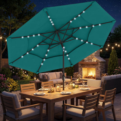 Parasol de jardin extérieur de 9,7 pi avec lumières solaires à DEL, parasol de marché à 3 niveaux avec inclinaison et manivelle, 8 baleines pour le jardin, la terrasse, la cour, le bord de la piscine, le bleu sarcelle