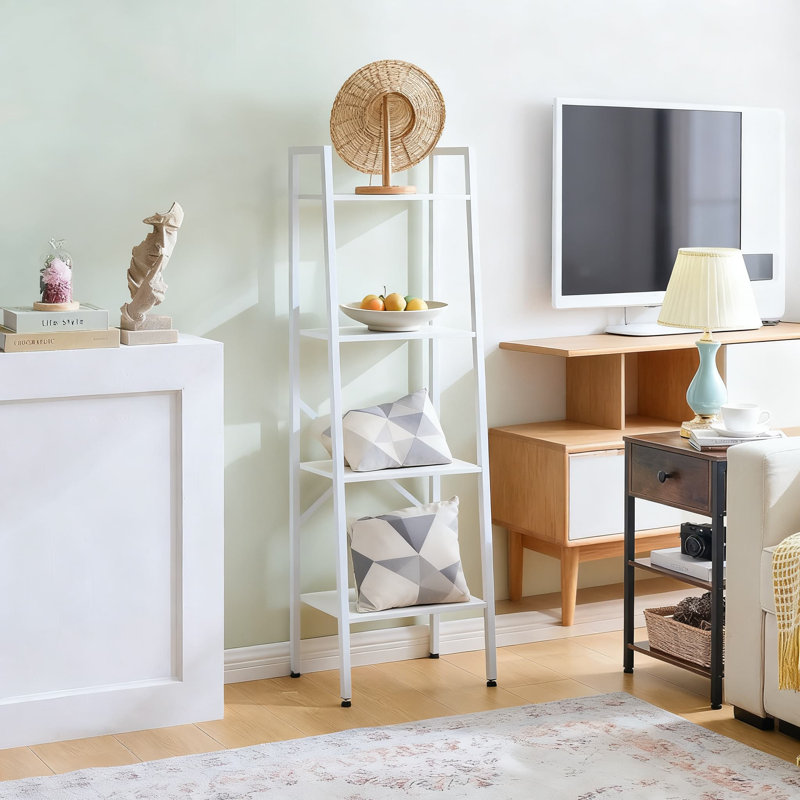 Industrial Ladder Bookshelf With Metal Frame, 4 Tier Tall Narrow Storage Shelf For Living Room, Home Office, Bedroom And Kitchen Display