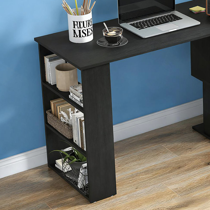 Poste de travail spacieux avec table d'écriture, bureau d'ordinateur en coin en L, bureau à domicile rotatif à 360 °, Noir
