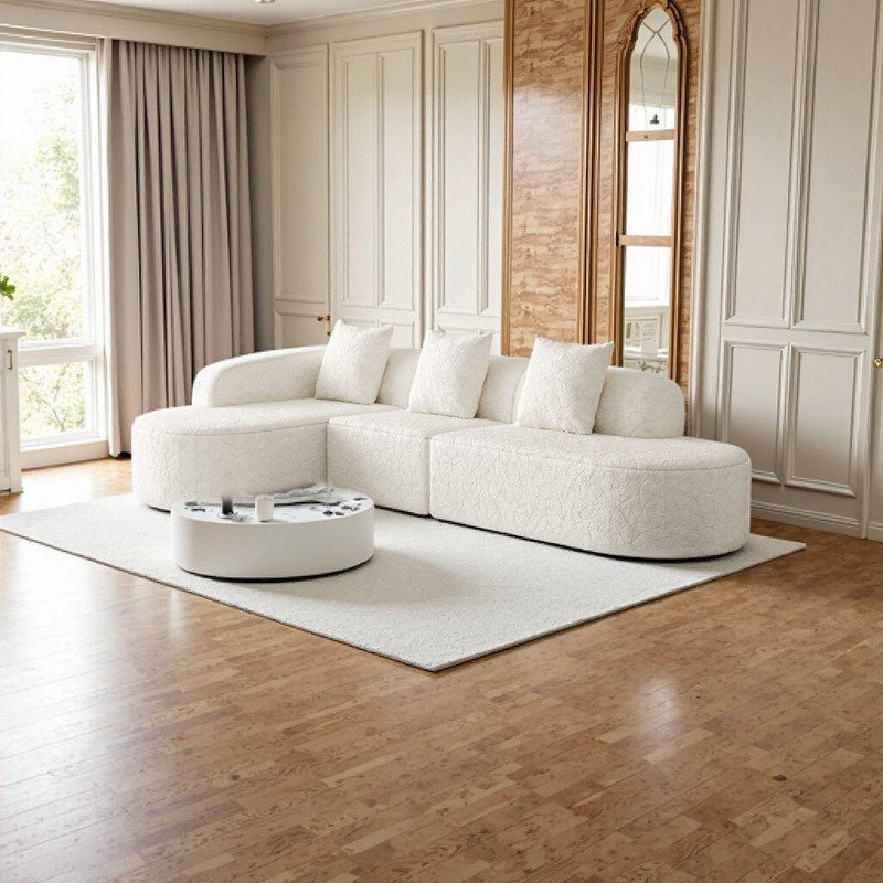 Canapé modulaire incurvé en forme de L de 111,8 pouces de conception moderne avec tissu en polyester à poils longs, Blanc