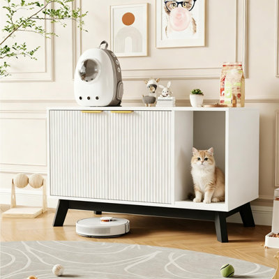 Enceinte de litière Modern Cat - litière cachée avec ventilation, tapis inclus, table d'appoint pour le salon, la chambre à coucher ou le couloir