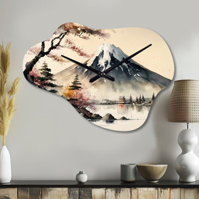 Ansah Japanese Landscape In Watercolor II - Japan Cloud Metal Wall Clock, Beige Asymmetrical Metal Clock Print