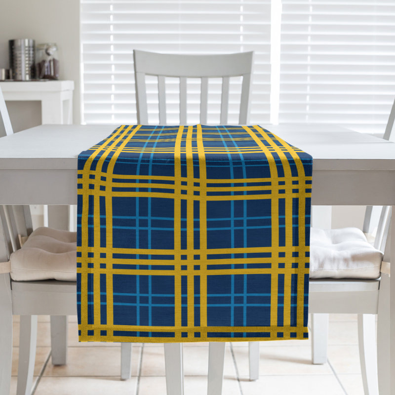 Paid Polyester Table Runner, 72" L x 16" W, Navy Blue/Powder Blue/Gold