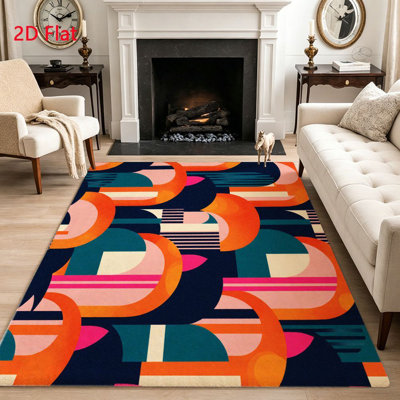 Abstract Geometric Pattern Area Rug, Vibrant Orange Pink Teal Circles and Lines, Machine Washable Non Slip, Indoor Decor for Living Room Bedroom Entryway Kitchen Apartment Modern Home