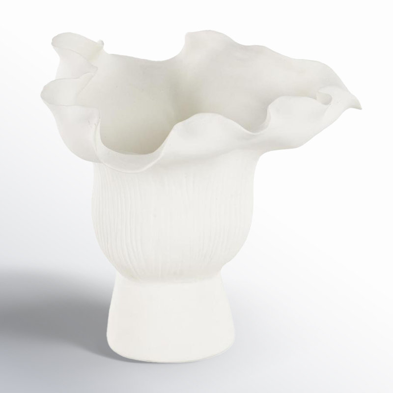 Joss & Main Ceramic Floral Inspired Abstract Vase With Linear Grooves, White