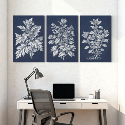 Plantes et fleurs, ensemble de 3 impressions sur toile bleu foncé
