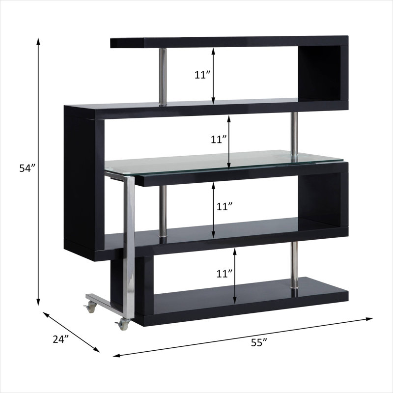 L-Shaped Writing Desk with Tempered Glass Top and Chrome High Gloss Finish, 55 W, Black/Silver