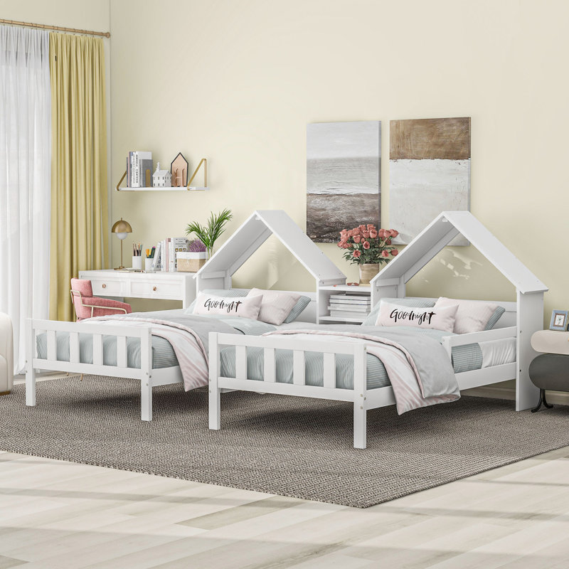 Lit plateforme simple double avec tête de lit en forme de maison et table de chevet intégrée, blanc