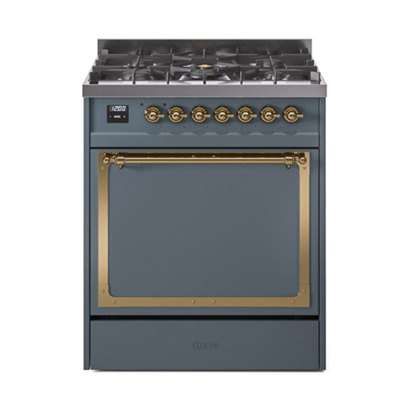 ILVE Nostalgie II Noblesse 30 in Dual Fuel Range, Blue Grey/Brass, Natural Gas