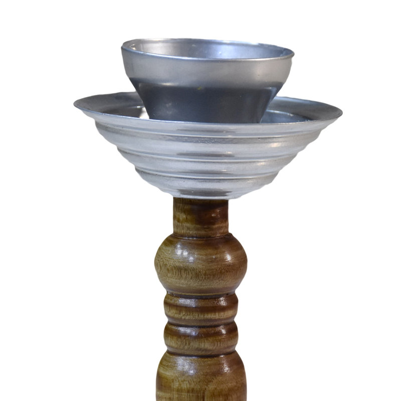 Handmade Iron & Wood Traditional Pillar Candle Holder, Silver/Brown