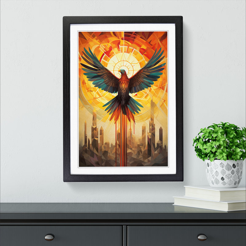 Phoenix Geometric - Single Picture Frame Print on Wood, 46cm H x 34cm W x 2cm D, Black Framed