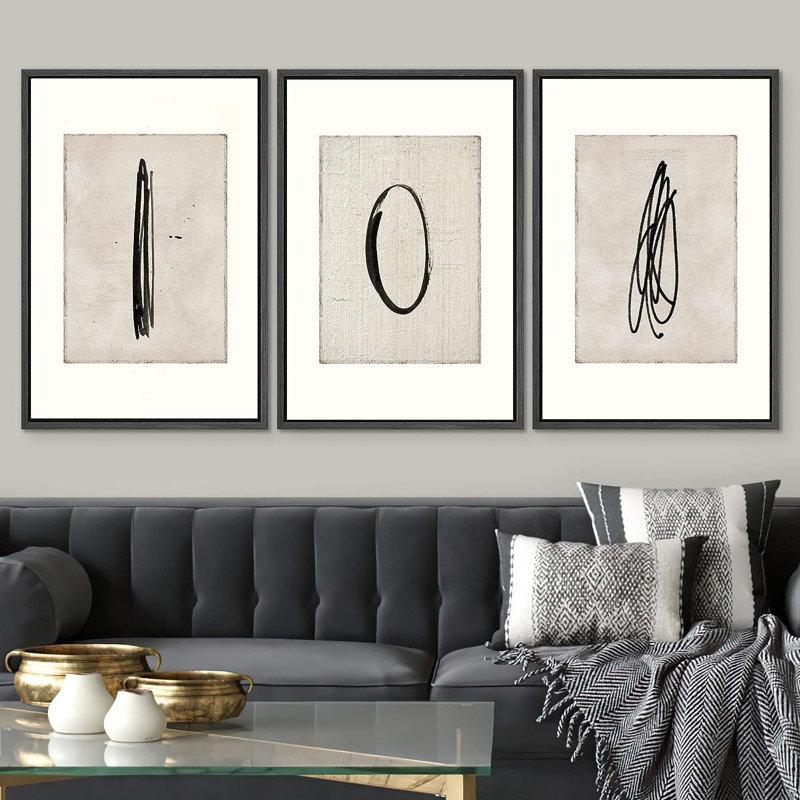 «Geometric Line Mid-Century Paint Strokes Abstract Shapes Illustration», reproduction encadrée sur toile, 3 pièces