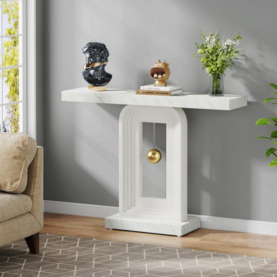 40" Modern Console Table, Geometric Base, Faux Marble for Living Room - White/Gold