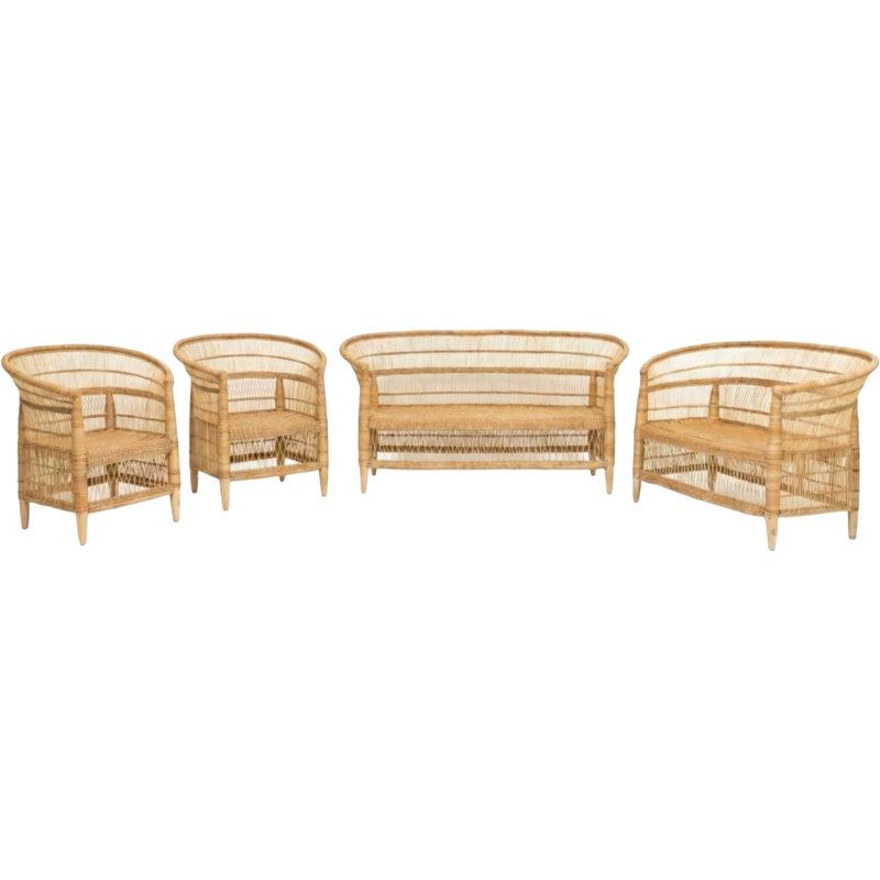 Ensemble de sièges d'intérieur 100% rotin naturel tissé à la main 4 pièces avec 2 chaises, causeuse et canapé 3 places, structure en bois massif, ferme Boho, artisanat africain authentique