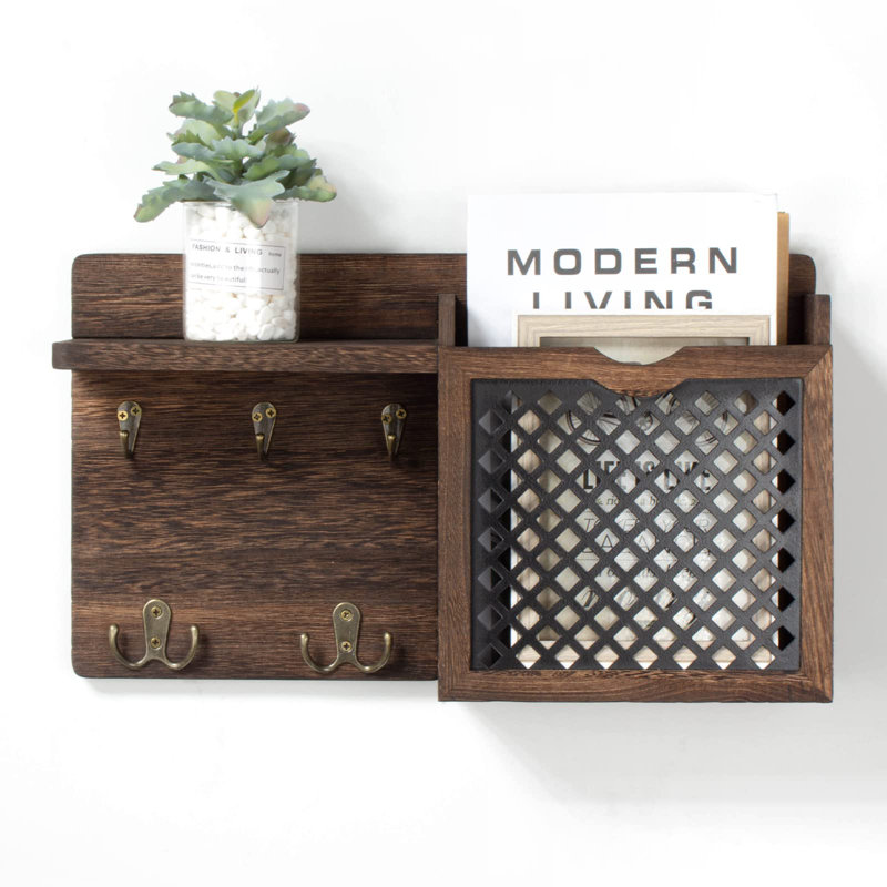 Wooden Mail And Keychain With Key Hook And Mail Sorter