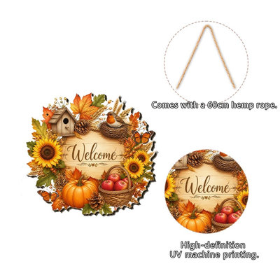 Décoration d'Halloween Double Saison Citrouille Feuille d'érable en Bois 2D Plaque de Porte de Bienvenue