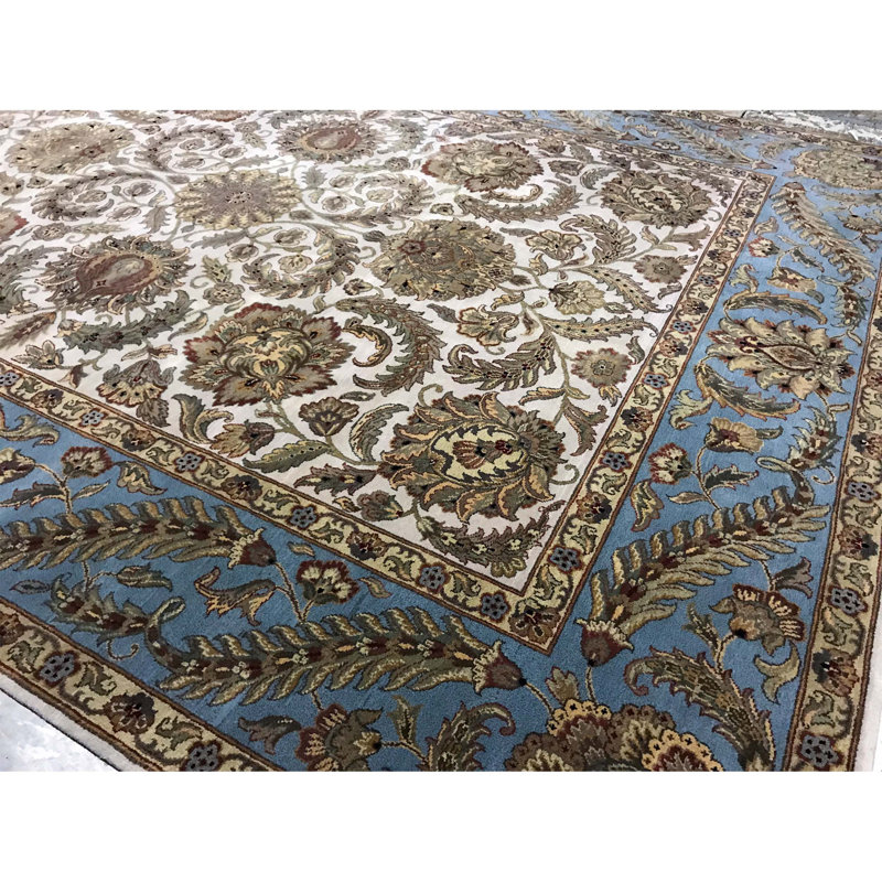 Tapis ivoire et bleu clair de haute qualité noué à la main Trinity