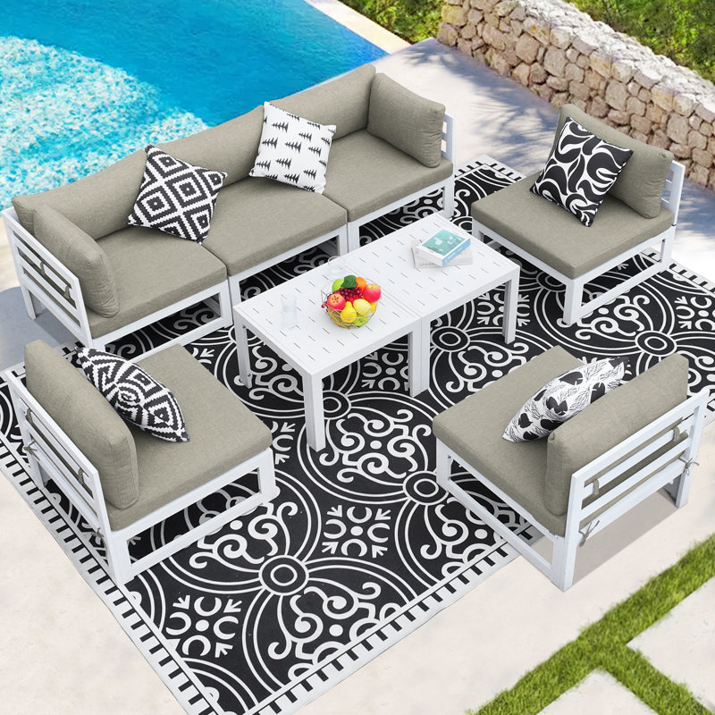 Gilemette 8-Piece Modern Aluminum Outdoor Sectional Seating Group with Cushions & Coffee Table, Rust-Resistant Patio Conversation Set
