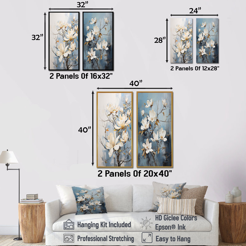 Ensemble de 2 décorations murales bleues et blanches Magnolias, H 28 po x l 25 po, Toile tendue