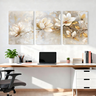 Ensemble de 3 tableaux muraux sur toile tendue représentant des fleurs de magnolia, pour la décoration du salon et de la chambre.