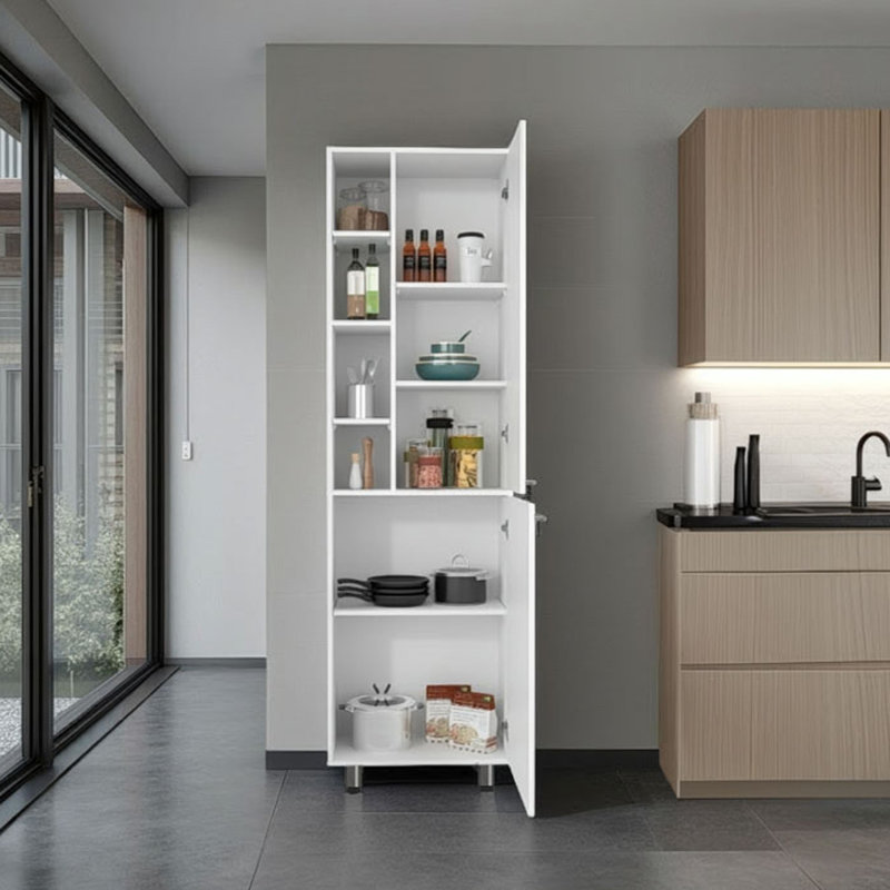 Garde-manger Burton avec 2 portes, tablettes réglables, tablettes latérales, armoire de rangement compacte pour l'organisation de la cuisine