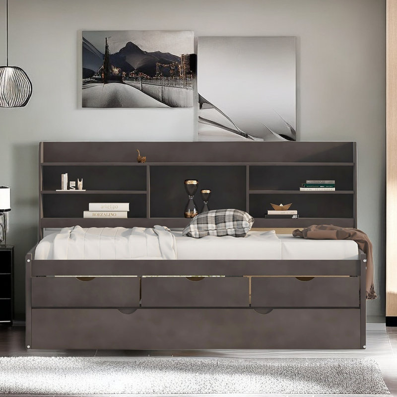 Wooden Daybed With Built-in Bookshelves, Three Storage Drawers And Trundle, Black
