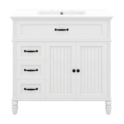 Ensemble de meuble-lavabo 36 po avec lavabo en céramique, armoire de salle de bain avec 2 tiroirs et 2 portes, ensemble de meuble-lavabo avec cadre solide et panneau de fibres à densité moyenne