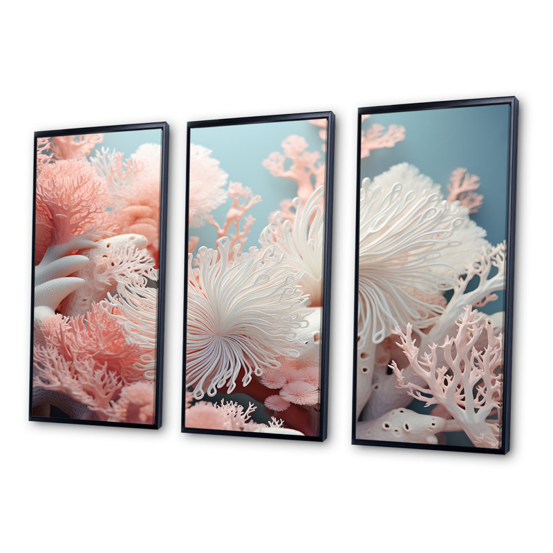 Anemone Garden - Ensemble de décorations murales corail sous l'eau, Cadre flottant noir, H 28 po x l 36 po x P 1 po